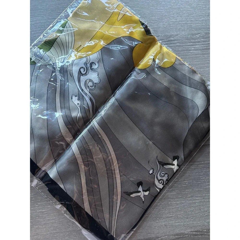Silk Square Scarf‎ Hot Air Balloon Landscape Print Yellow Grey Black 25